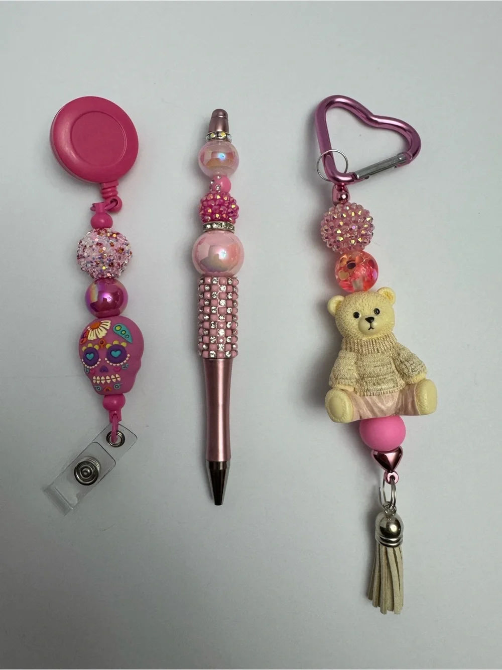 Pink Beaded Charm Pen, Keychain, and Badge Reel Set